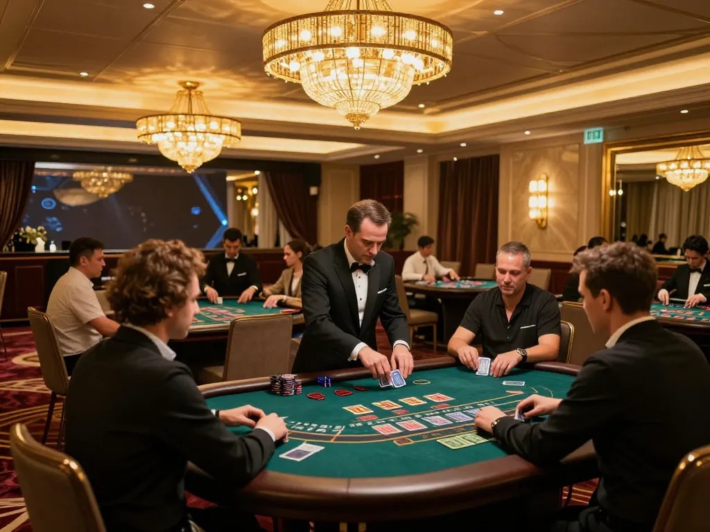 Players enjoying baccarat at okwin68, highlighting strategic gameplay and luxury casino atmosphere.