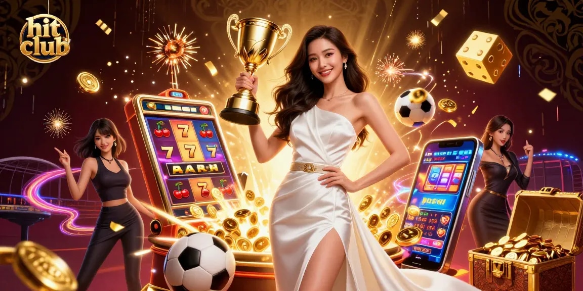 Experience the vibrant hit club atmosphere with a victorious woman holding a trophy, celebrating gaming wins.