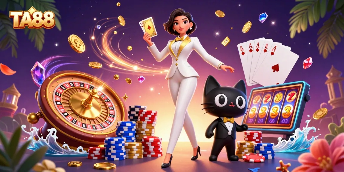 Engage in thrilling gaming at TA88 with a glamorous scene full of vibrant cards and chips.