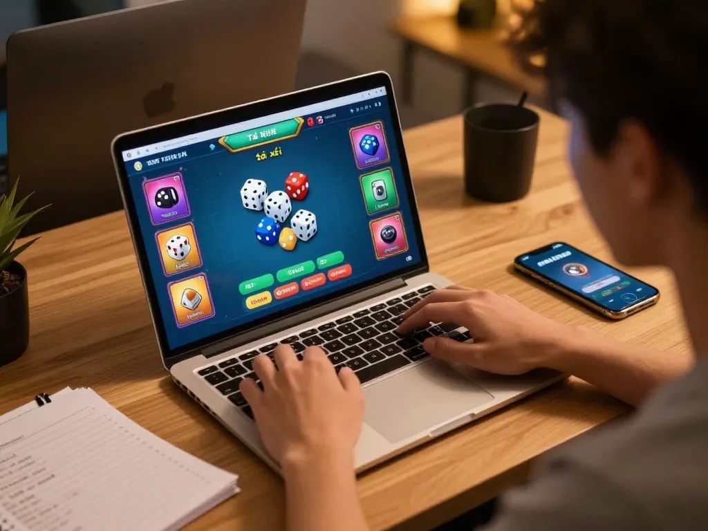Engaging in tài xỉu online gaming with a focused expression and strategic notes nearby
