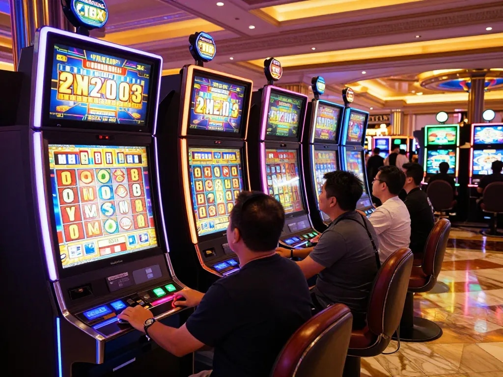 Players enjoying the vibrant lucky88 slot machines, eagerly pressing buttons for a chance to win.