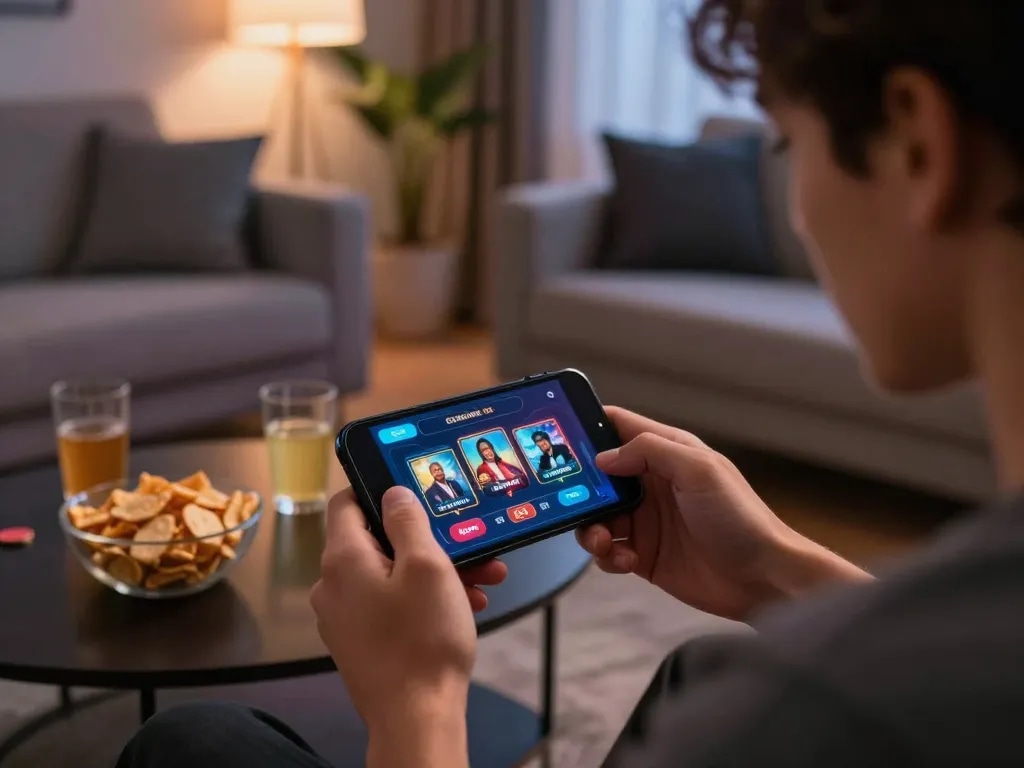 Person engaged with the 1gom app, immersing in mobile casino gameplay with snacks in a cozy setting.