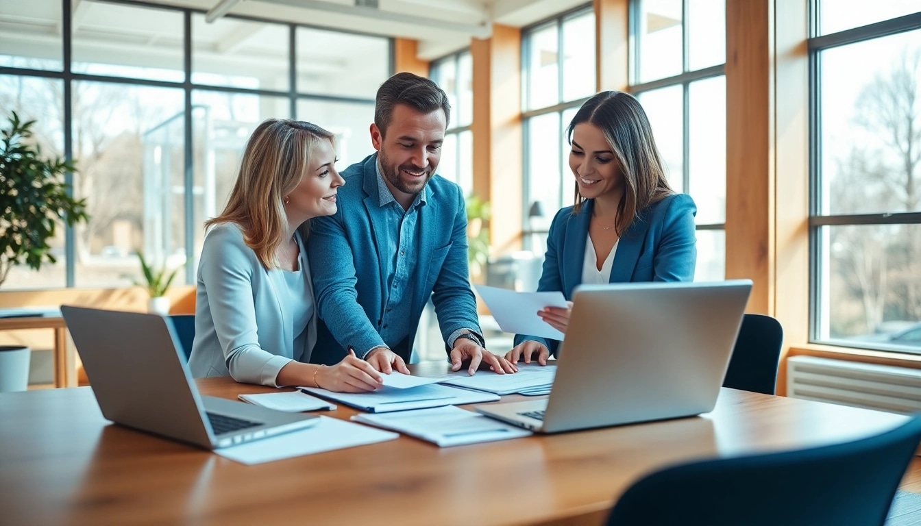 Financial consultant guides clients in securing grants with vibrant office setting.