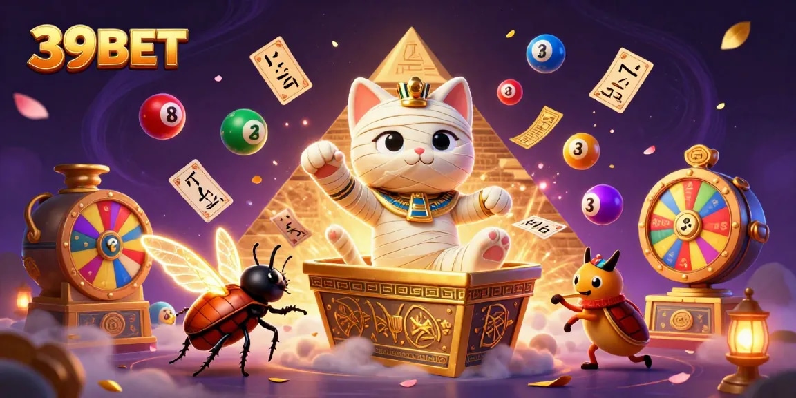 39BET players enjoy thrilling moments with a cartoon mummy cat in a vibrant casino environment.