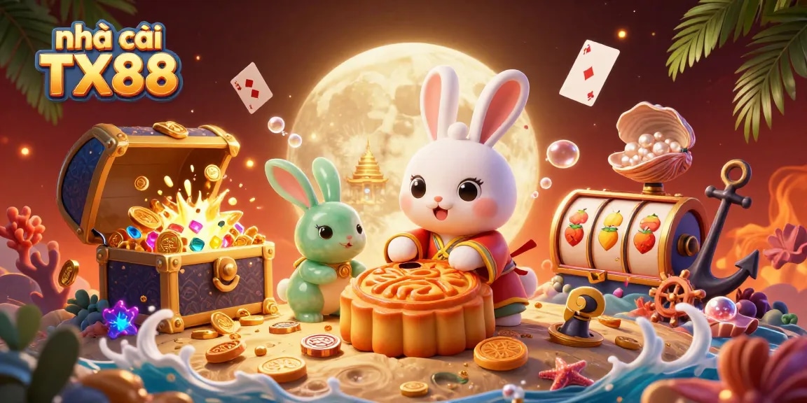 Play exciting games at nhà cái TX88, featuring a whimsical moon rabbit and casino elements in a vibrant scene.