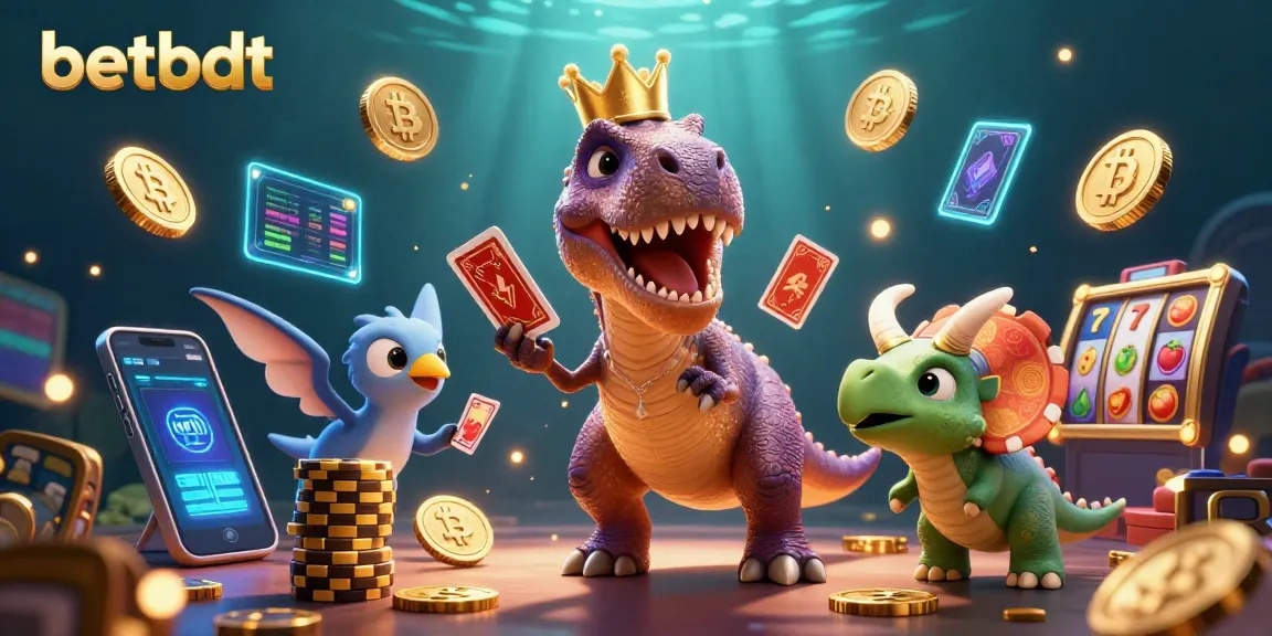 Engage with betbdt slots and crypto gaming in a whimsical 3D dinosaur scene.