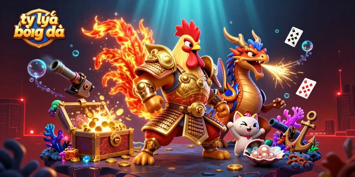 Plunge into the excitement of tỷ lệ bóng đá as a brave rooster warrior stands with a dragon hatchling amid gold and colorful gems.