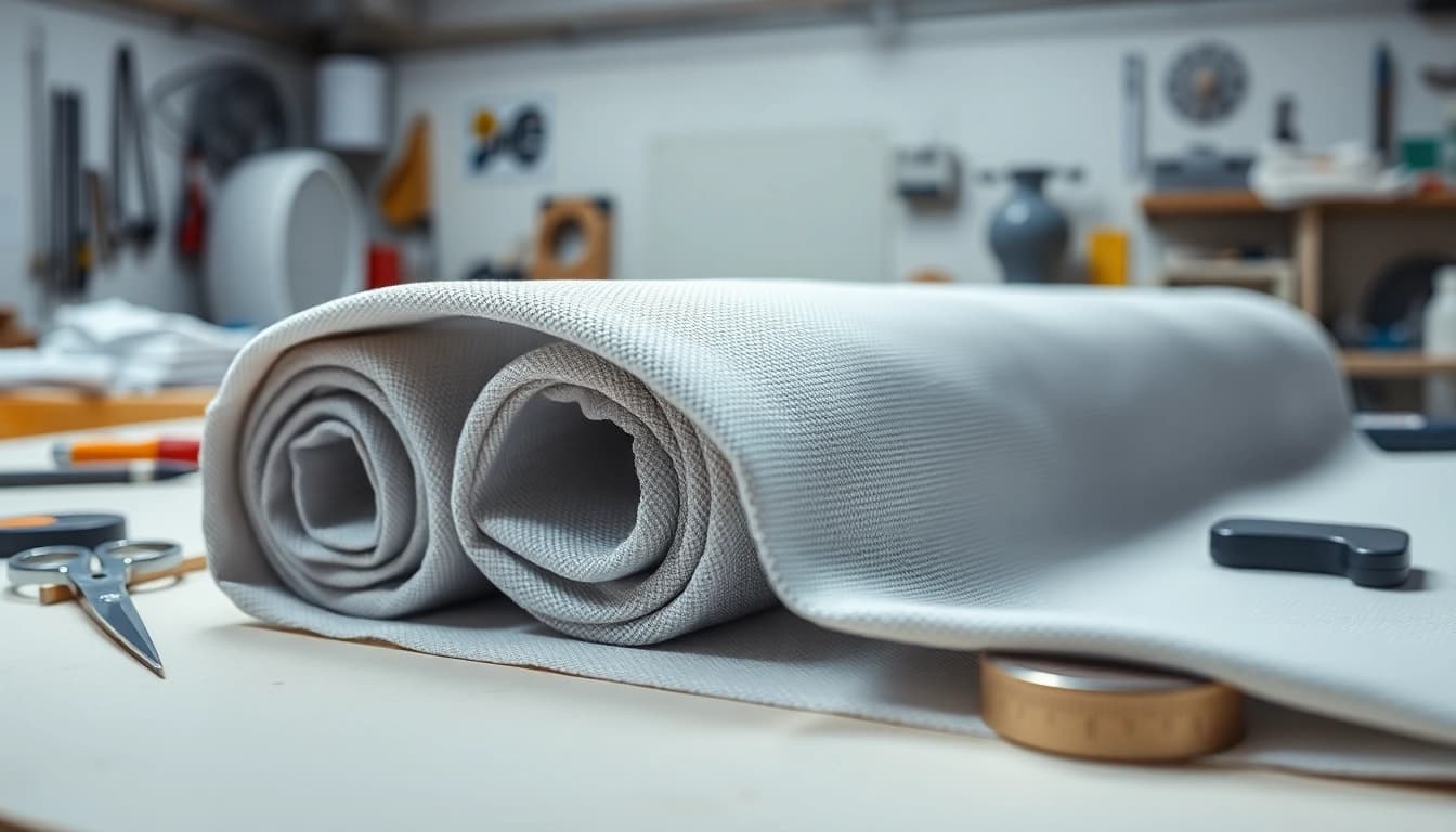 View of 1708 fiberglass cloth highlighting its texture and features in a workshop setting.