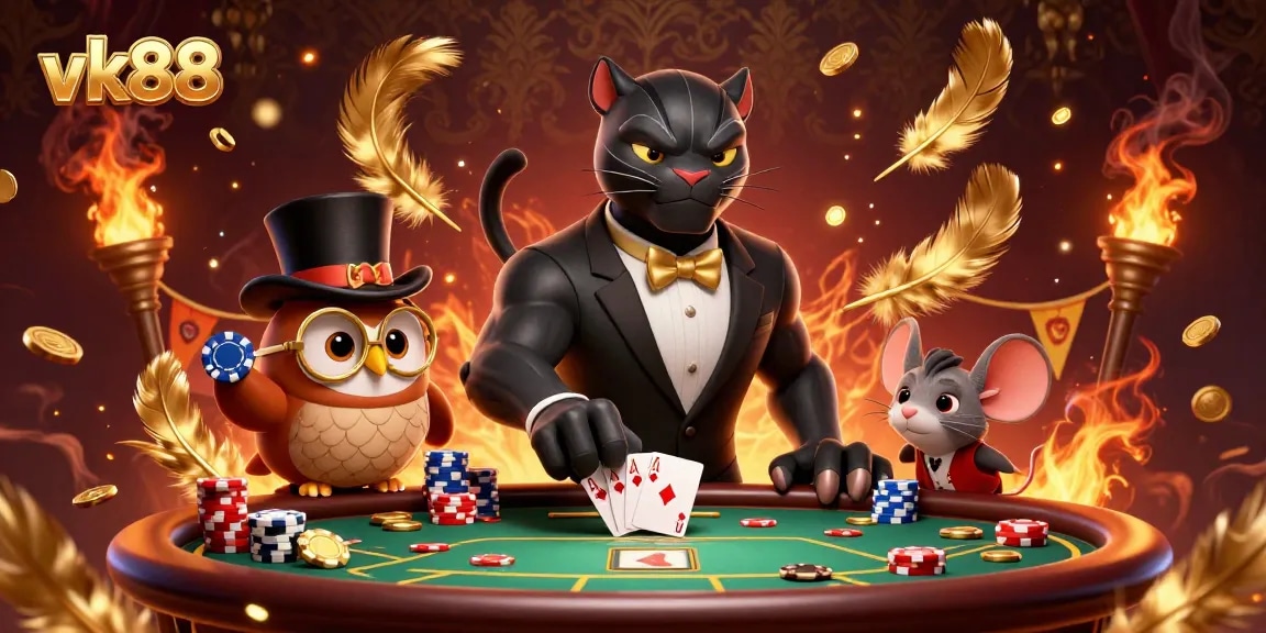 Engage in thrilling poker action with vk88 while the stylish panther deals cards and the owl holds poker chips.