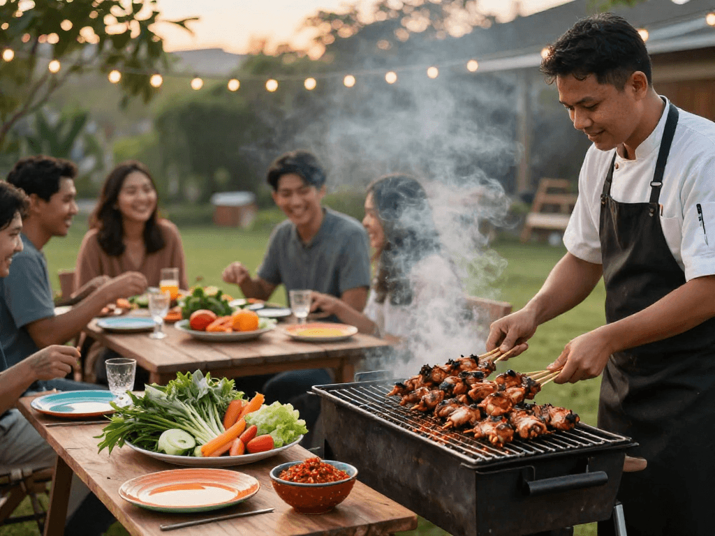 Delicious rokok88 ayam bakar grilled with sambal rawit in a backyard barbecue setting.