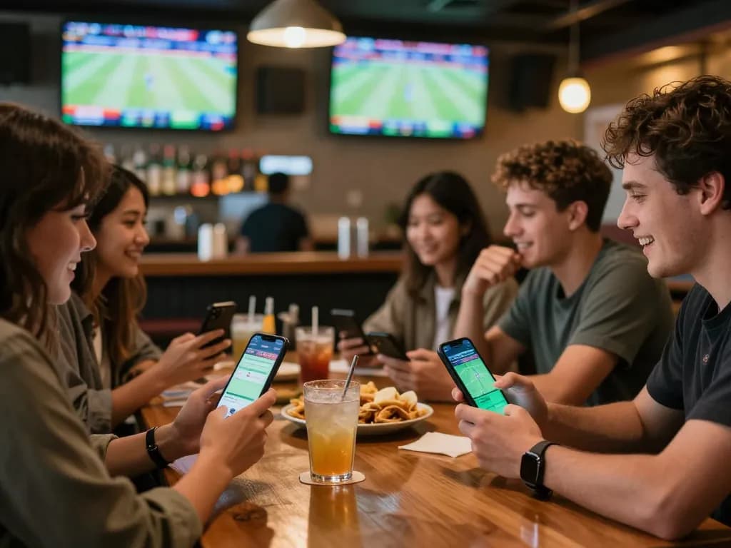 Friends enjoying sports betting with debet app at a lively bar, vibrant atmosphere and excitement