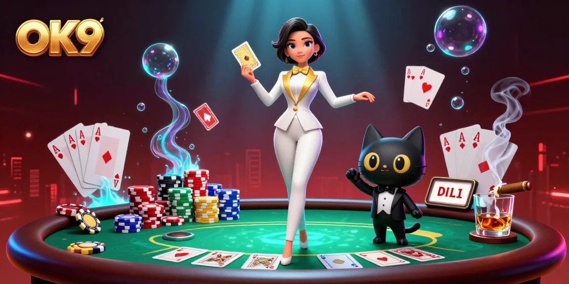 OK9 showcases a glamorous woman and a stylish cat engaging around a vibrant poker table.
