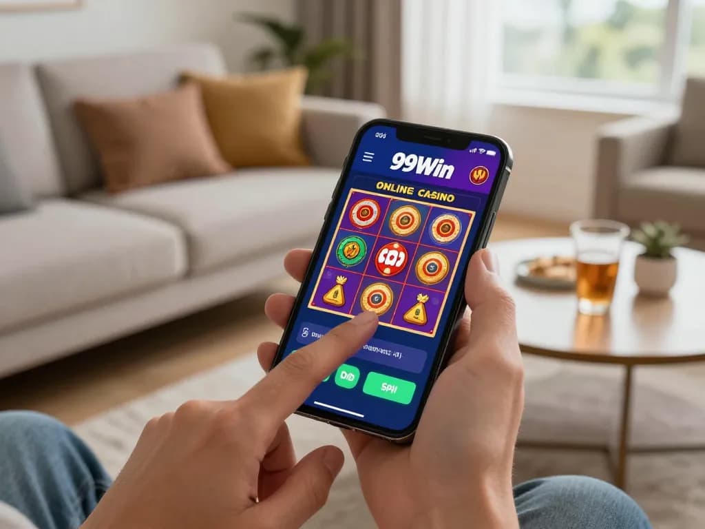 Player using 99Win app to spin slot games on smartphone while enjoying a home environment.