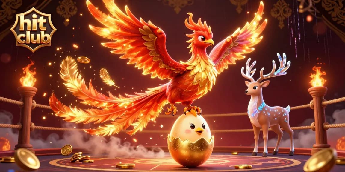 Experience thrilling excitement with hit club's vibrant gambling scene featuring a phoenix and mystical stag.