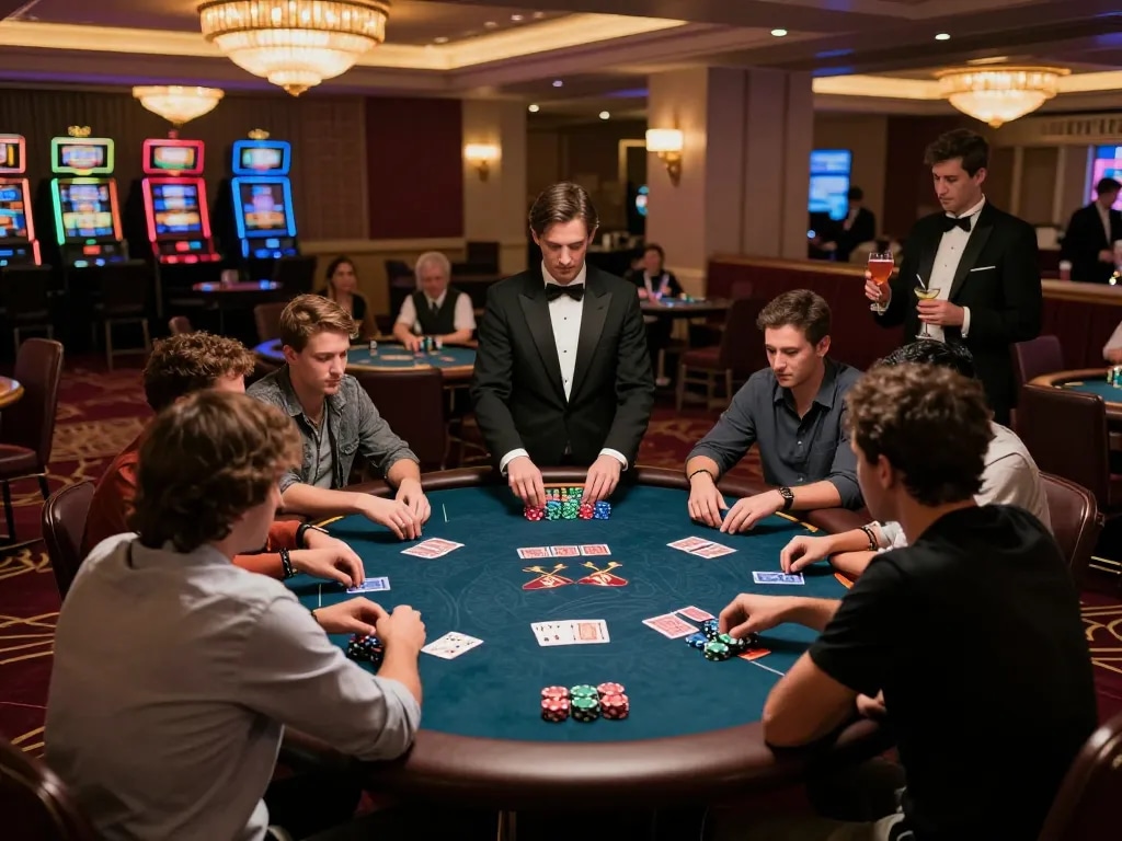 NOHU poker game scene showcasing players strategizing and engaging at upscale casino tables