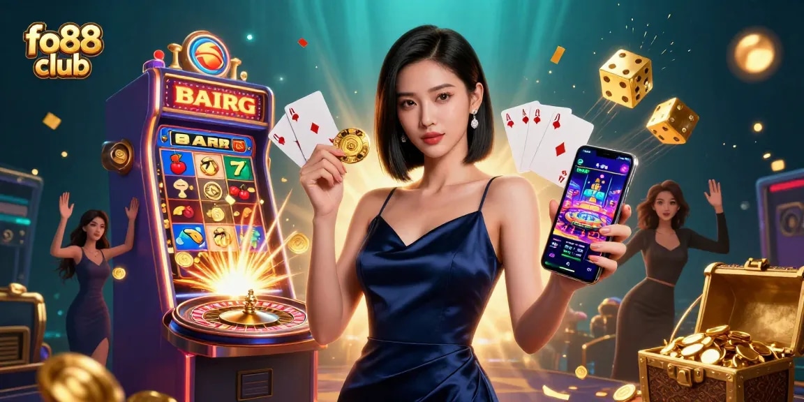 Engage at fo88 club with a stunning Asian woman showcasing casino excitement.