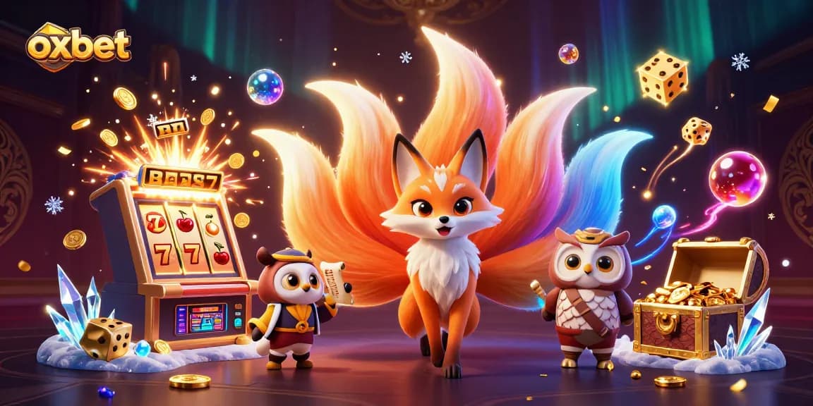 Experience exhilarating gaming at oxbet with a whimsical nine-tailed fox and sage in a vibrant casino scene.