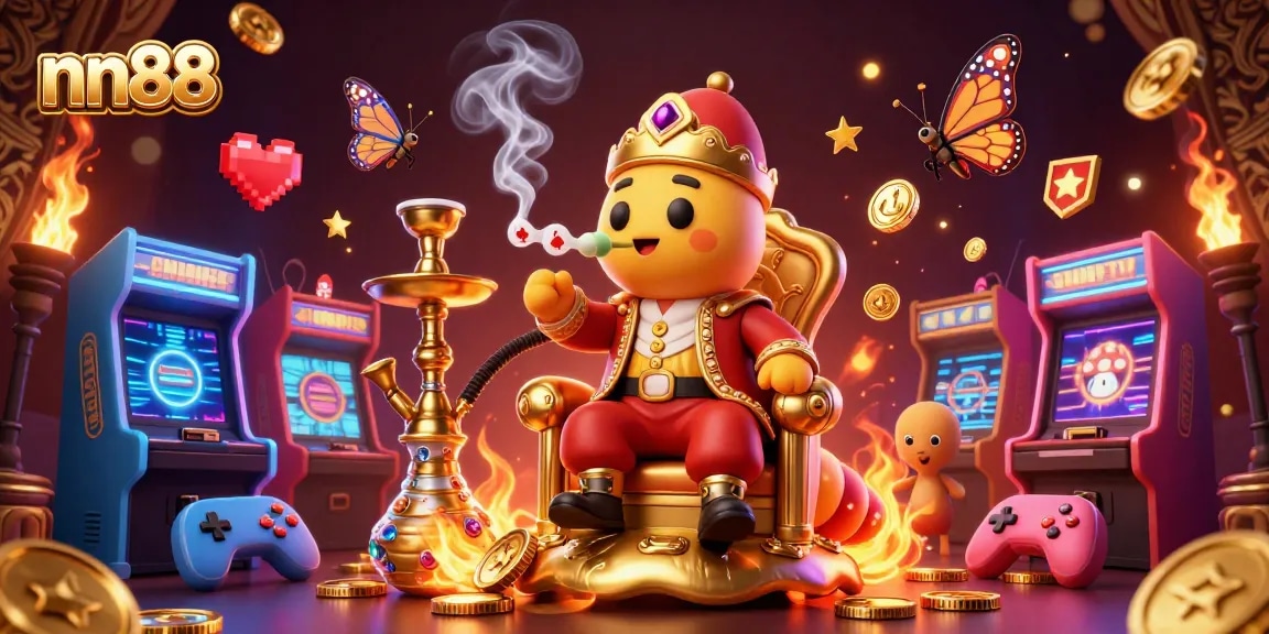Engage in thrilling gaming with nn88's vibrant 3D casino illustration featuring colorful arcade machines.