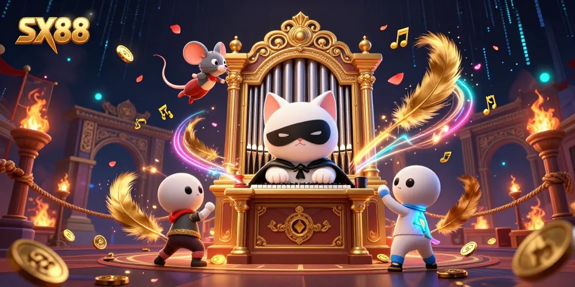 SX88's vibrant gaming scene featuring a whimsical masked cat and mouse acrobat amidst floating gold coins and captivating casino elements.