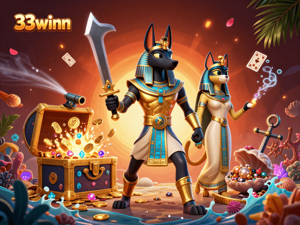 Experience thrilling gameplay at 33winn with ancient Egyptian warriors amidst glowing treasures.
