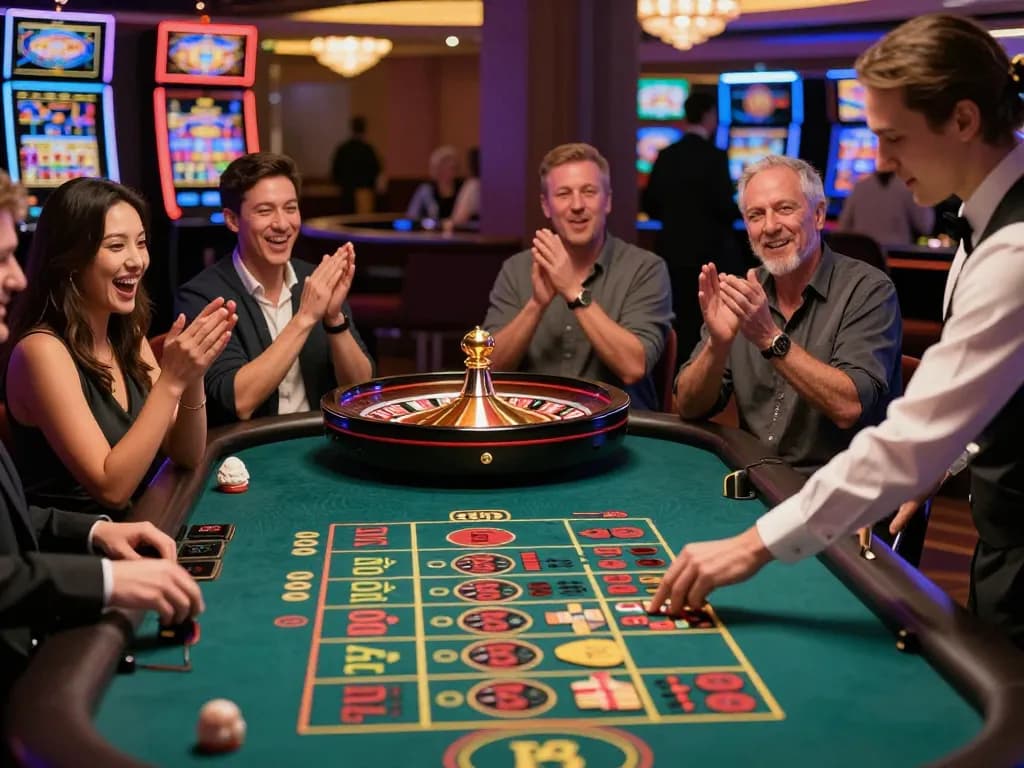 KU88 players placing bets at a thrilling roulette table with vibrant wheel colors and engaging atmosphere.