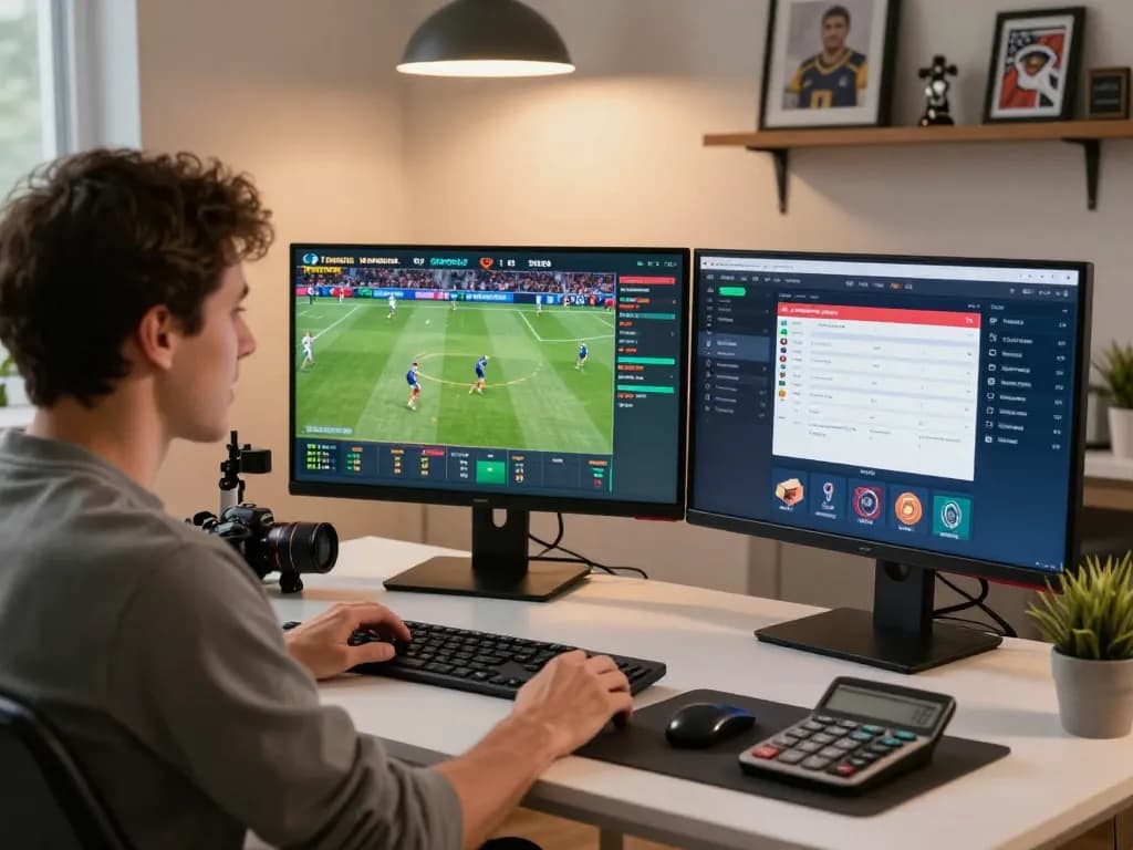 FABET user actively placing sports bets in a modern home office with multiple screens showing odds.