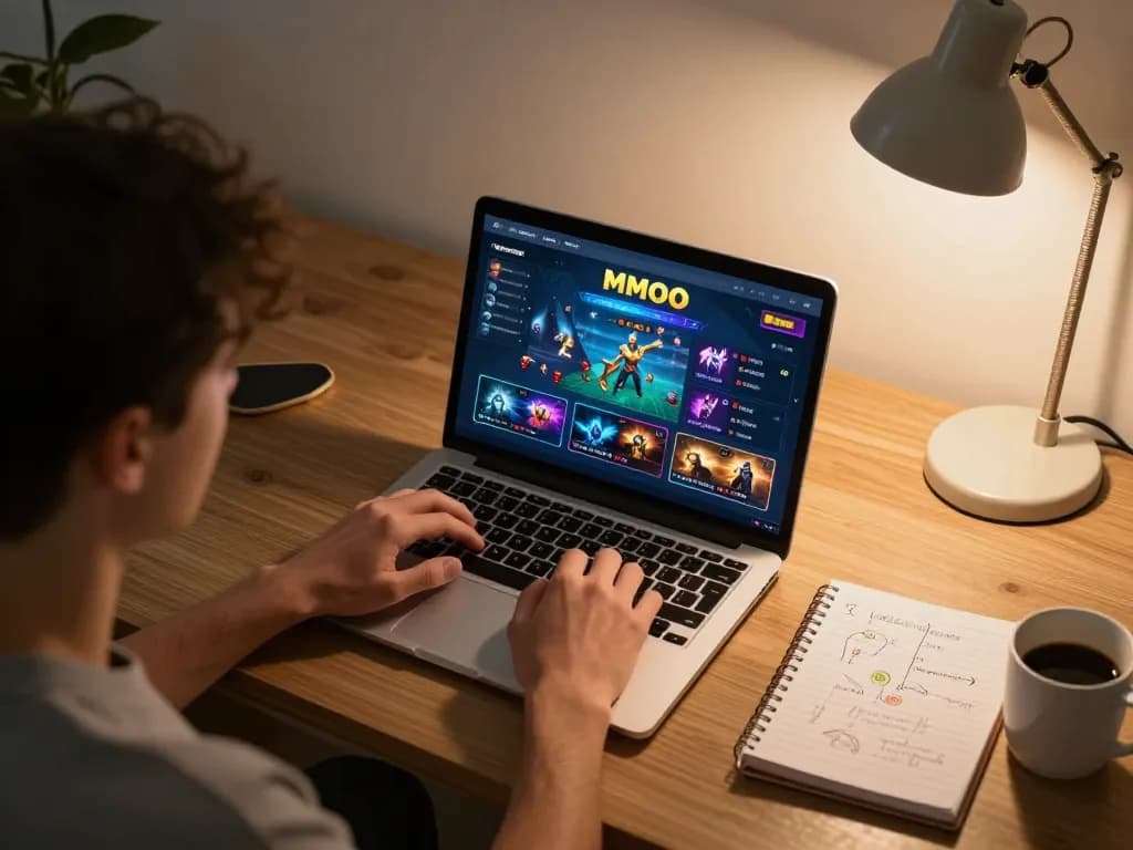 Player engaging with MMOO online casino games at home, showcasing strategic betting environment.