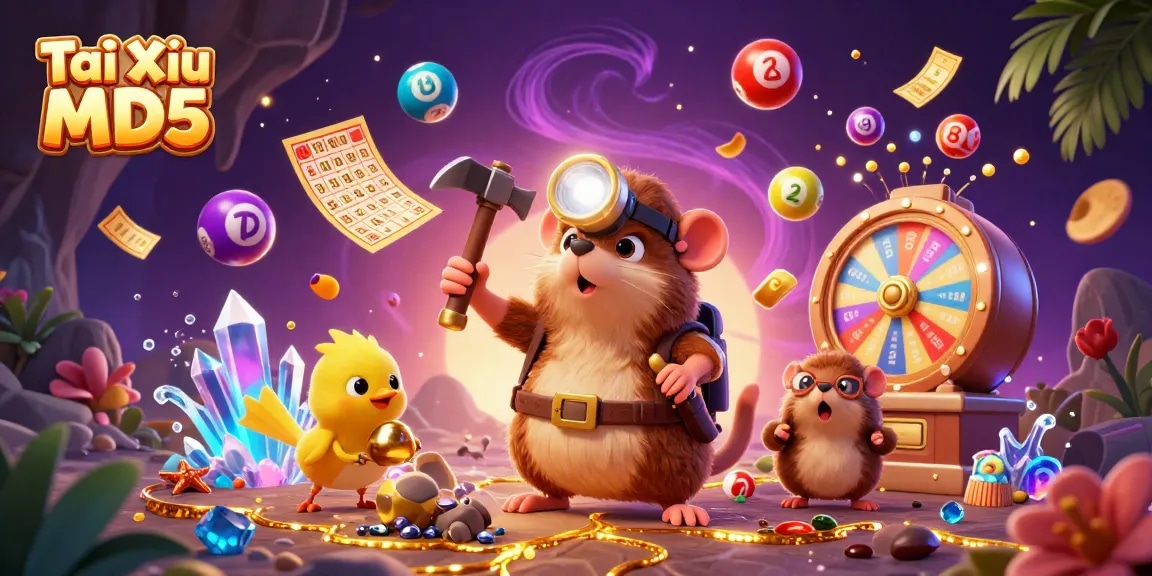 Tài Xỉu MD5 features a vibrant scene with a treasure hunter mole, canary, and dynamic casino elements.