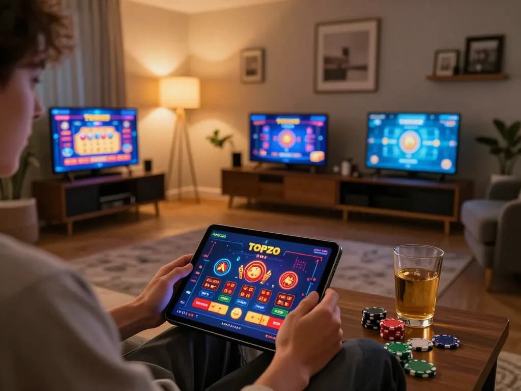 Player enjoying the Topzo gaming experience on a tablet in a cozy living room.