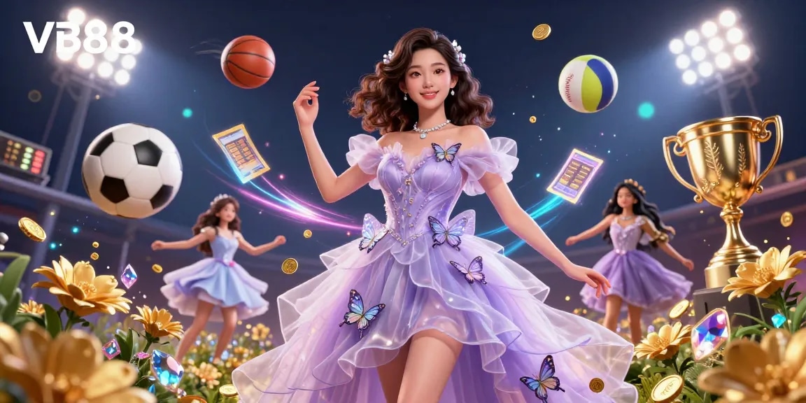 Experience VB88's vibrant atmosphere with a stunning Asian woman amidst dynamic sports elements.
