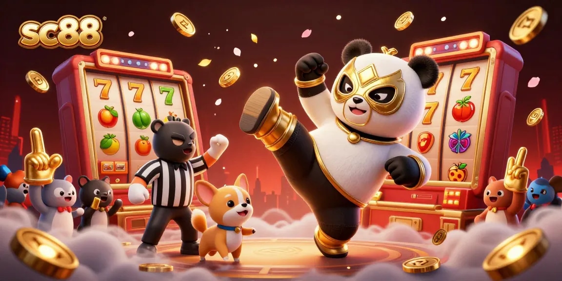 sc88 highlights thrilling casino action with a panda wrestler and lively animal audience.