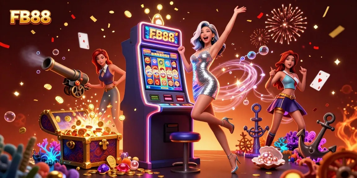 Win big with FB88's vibrant casino scene featuring a jubilant Asian woman at a jackpot slot machine.