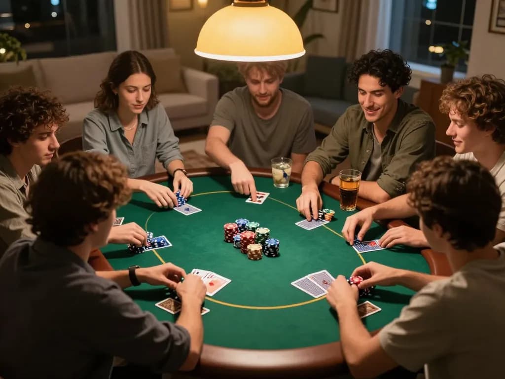 Players engaging in a Texas Hold'em game at home while enjoying a friendly poker night in a cozy atmosphere.