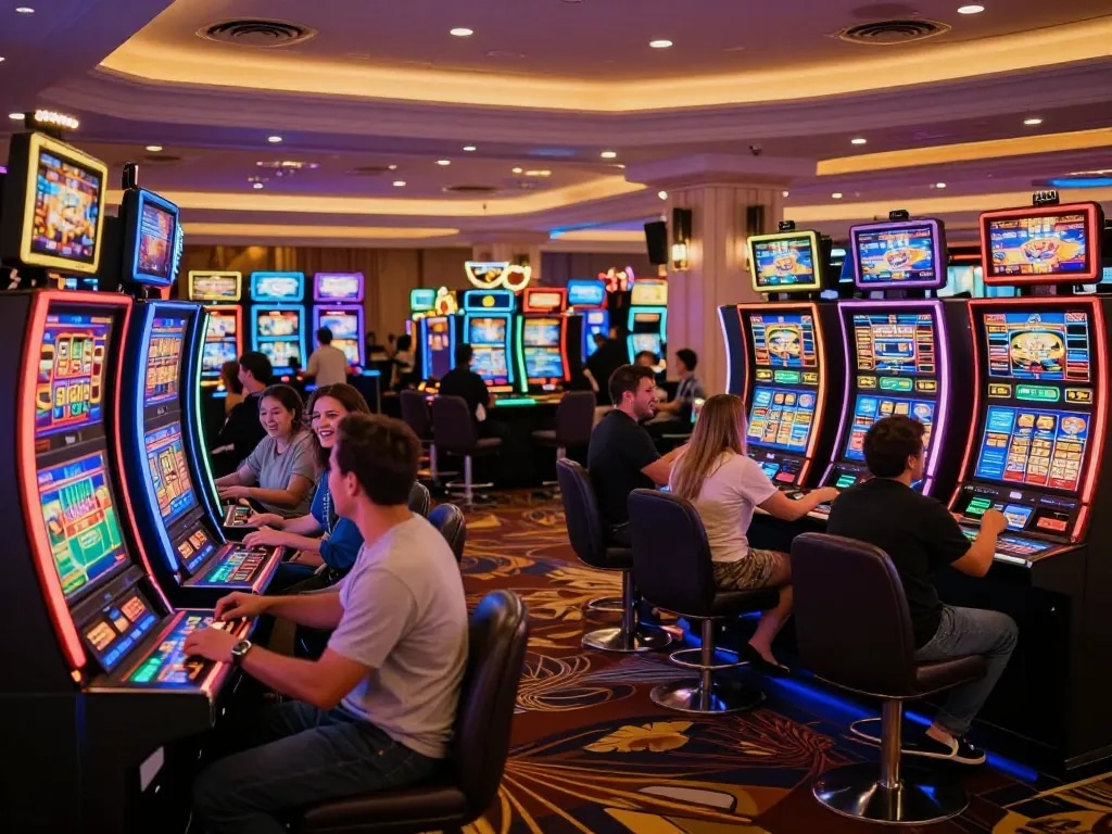 Players enjoying various games at a casino, highlighting the excitement of DA88 slot machines in action with colorful lights.