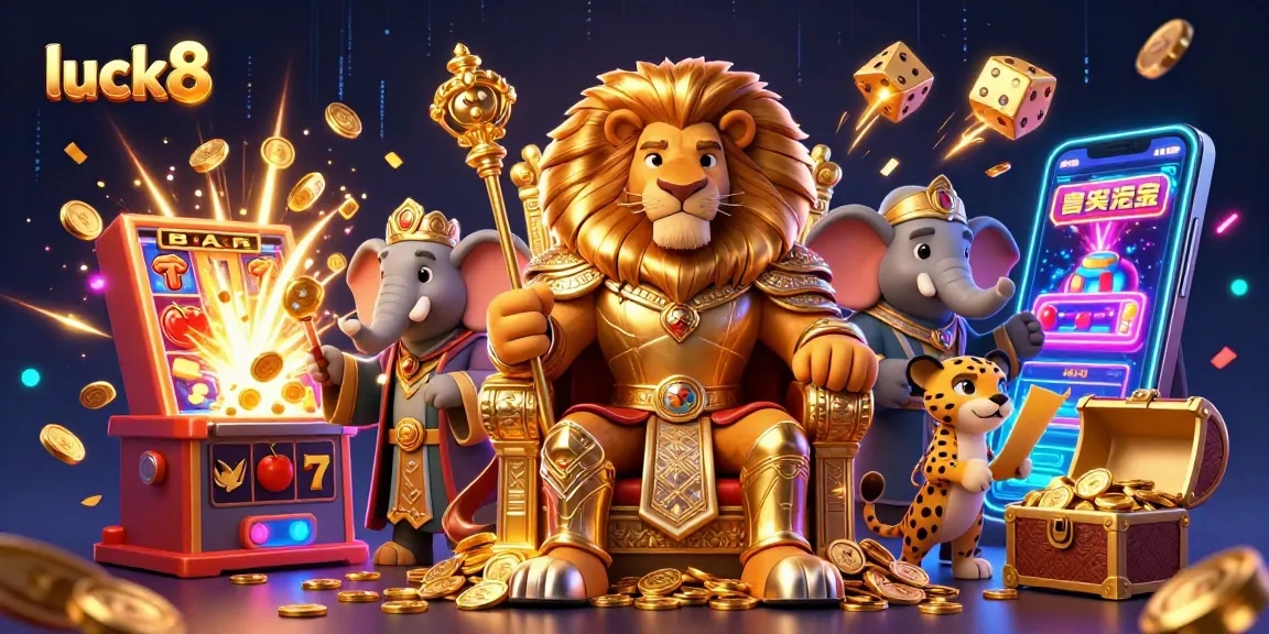 Experience the excitement of luck8 with a dynamic casino scene featuring a lion king and rich game elements.