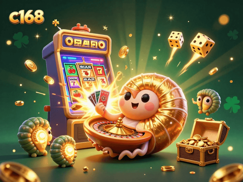 Experience the excitement of c168's vibrant casino games with a stunning 3D illustration of the giant nautilus and jackpot.
