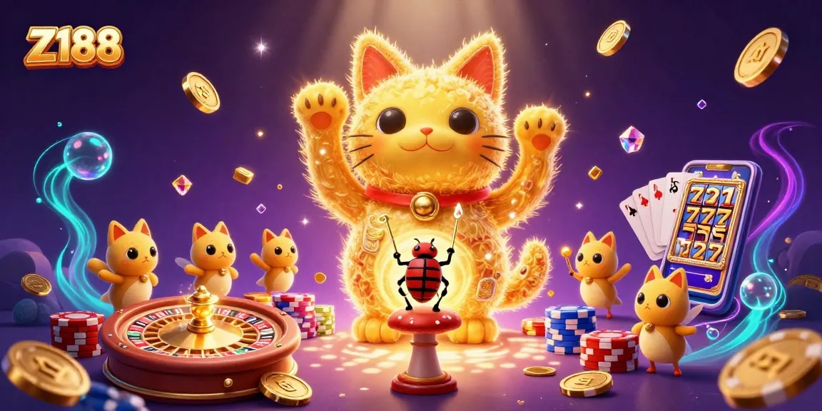 Experience the vibrant Z188 gaming world with a lucky cat and sparkling casino symbols!
