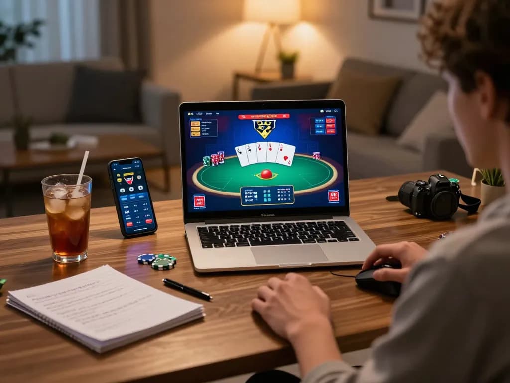 Player immersed in F168 online poker session at home, showcasing engaging gameplay and strategic setup.