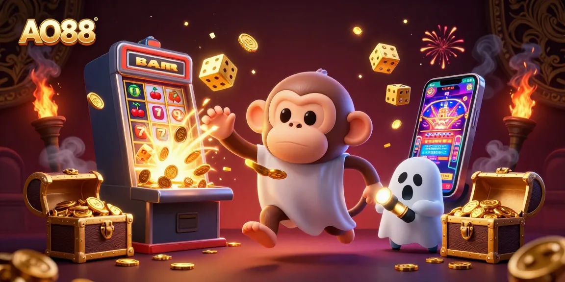 Experience thrills with AO88 as a playful poltergeist monkey juggles coins in a haunted casino scene.