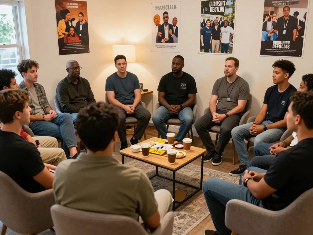 Men engaging in supportive discussions at a manclub community event.
