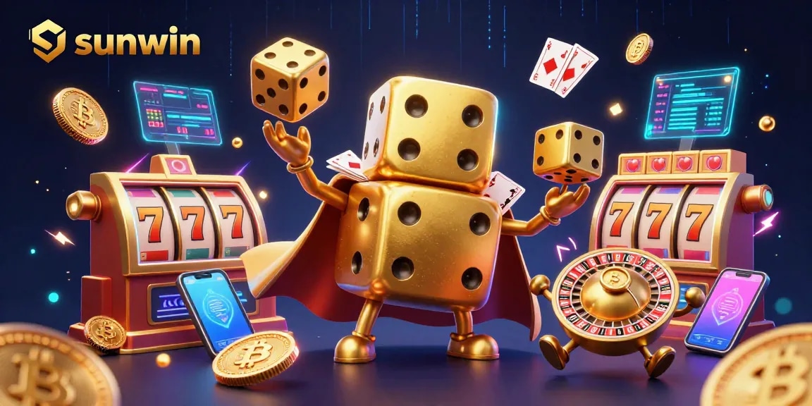 Engage with sunwin's vibrant casino scene showcasing golden dice golem and slot reels in action.