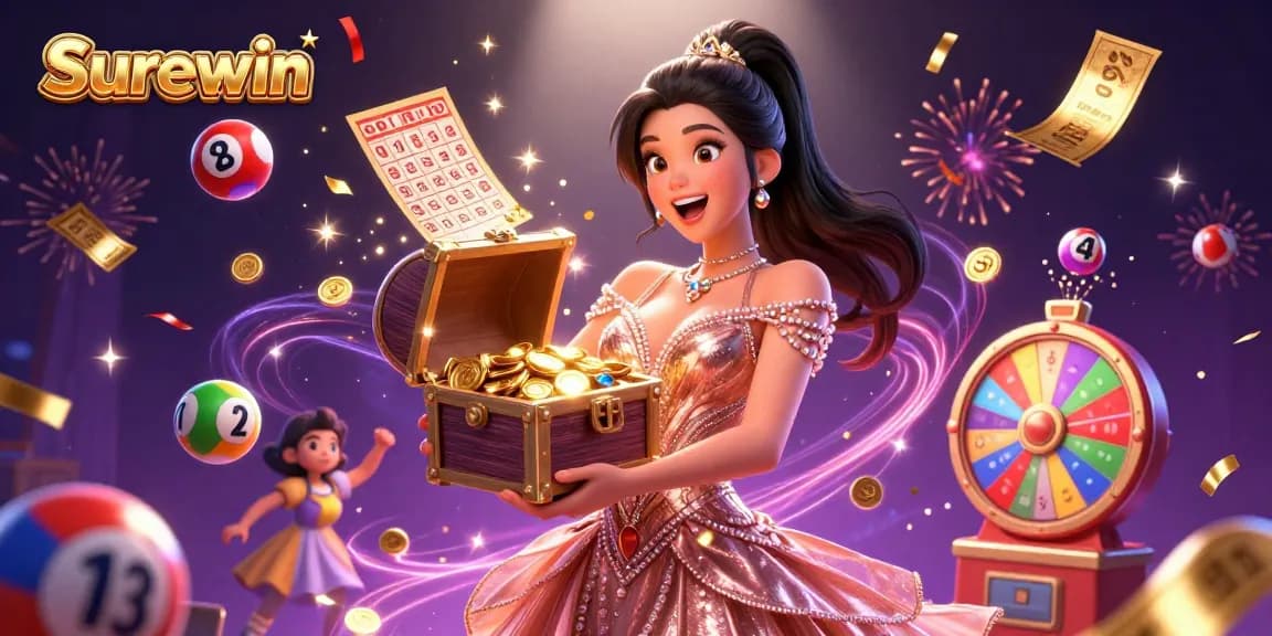 Surewin showcases an engaging casino illustration featuring a joyful woman with treasures, vibrant gambling elements, and magical effects.