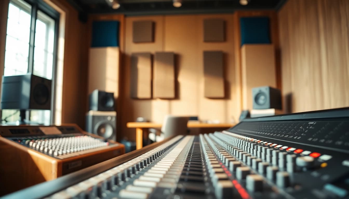Engaging scene of online audio mastering setup showcasing state-of-the-art mixing equipment.