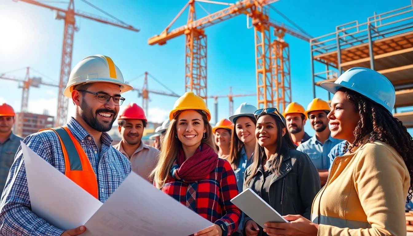 Engaging construction career professionals collaborating on a project at a vibrant construction site.