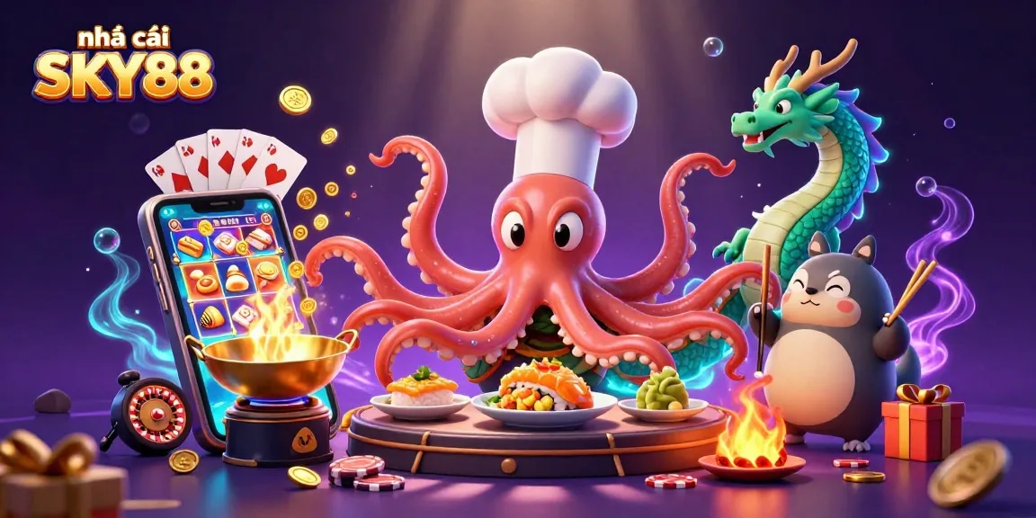 Experience excitement at nhà cái SKY88 with vibrant 3D food-themed casino adventure.