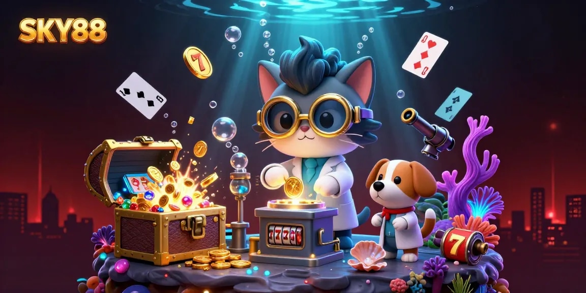 Experience the excitement of gaming at SKY88 with a vibrant 3D casino scene filled with gold coins and gaming elements.