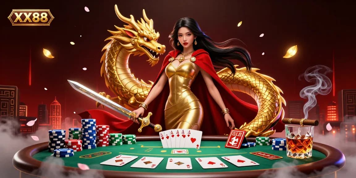 Engage with thrilling poker action at XX88 featuring a stunning warrior queen amidst golden dragon elements.