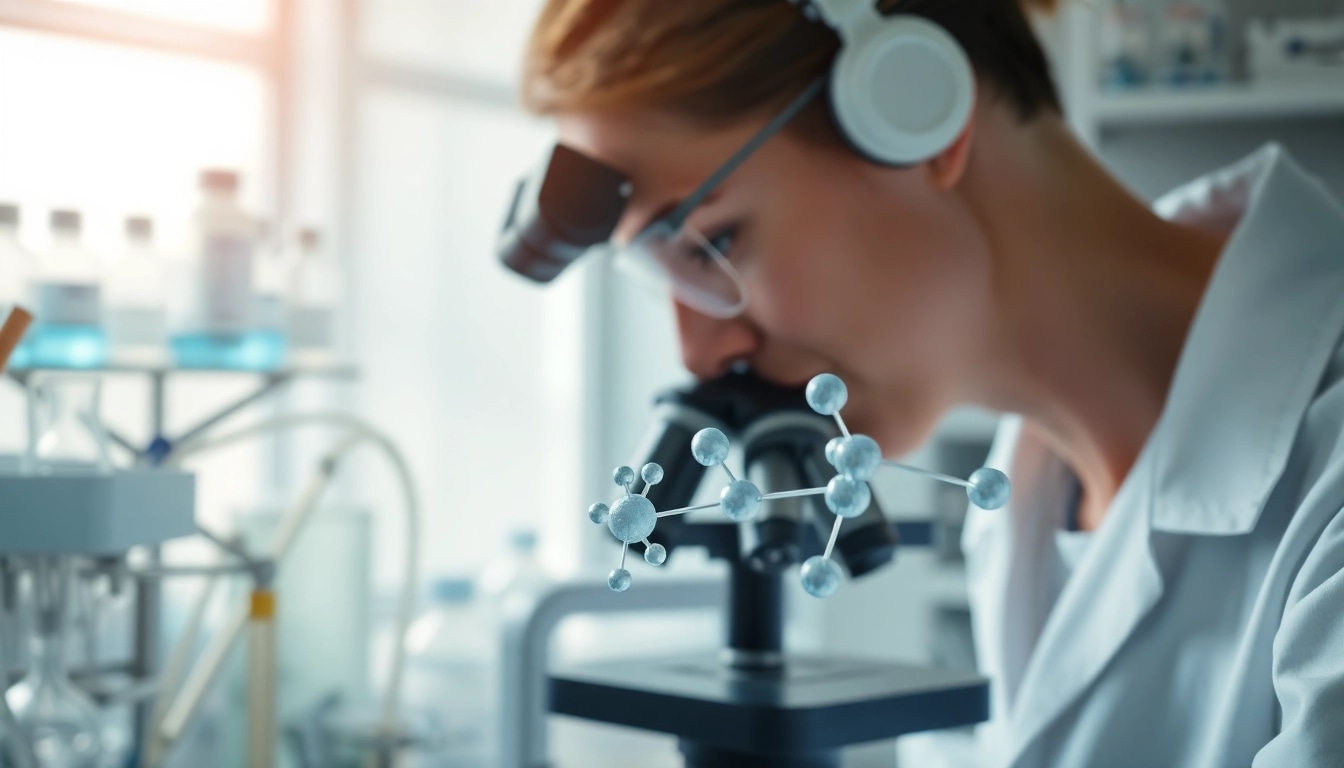 Analyzing peptides in a professional lab environment with a scientist focused on discovery.