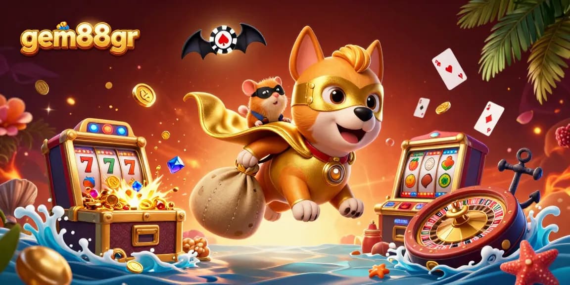 Win big with gem88gr in this vibrant casino-themed illustration featuring playful characters.