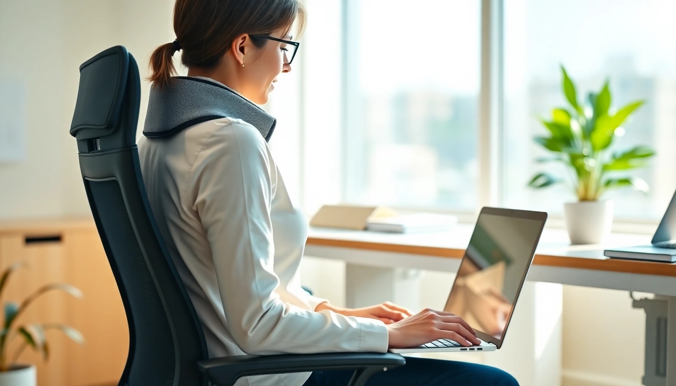 Person using a posture corrector for effective ergonomic support while working on a laptop.